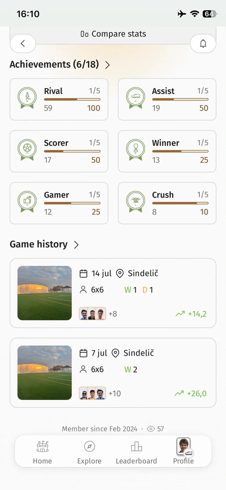 Achievements, progress and match history