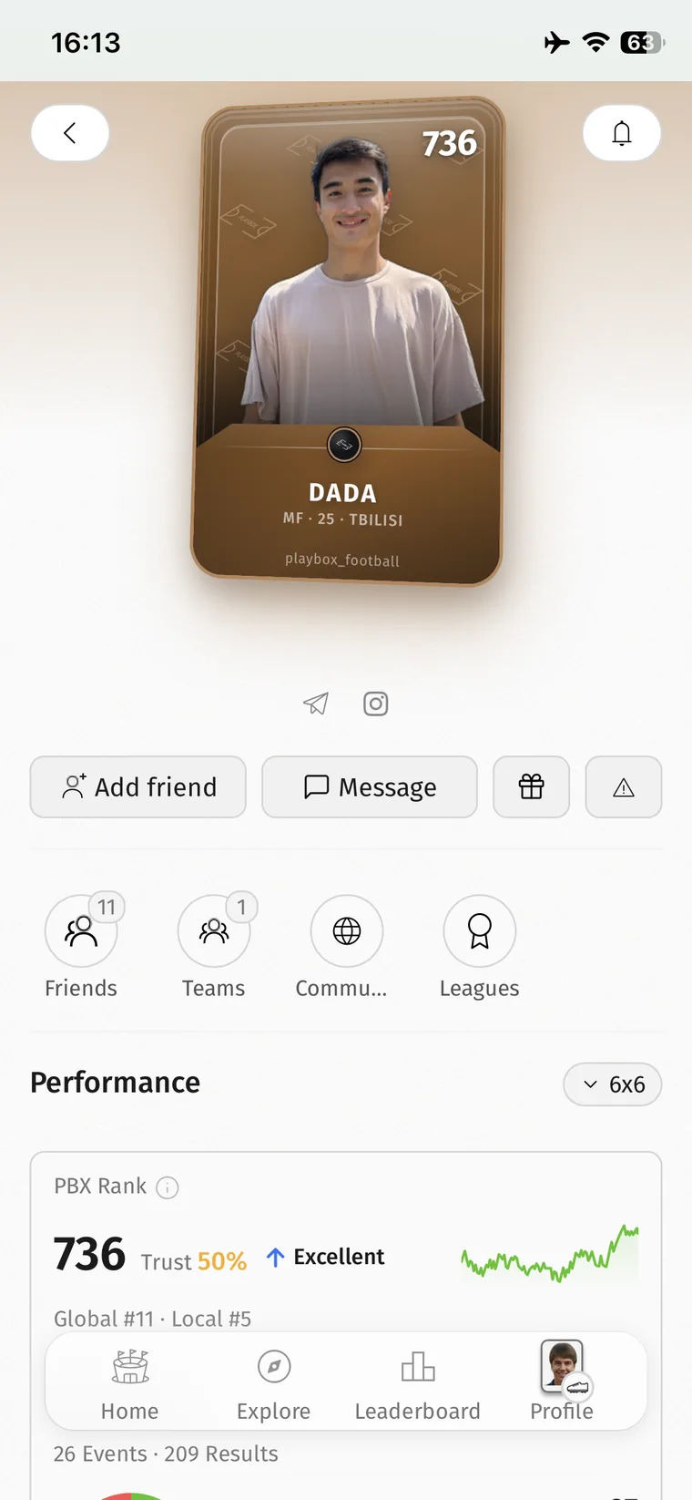 Player profile: card, PBX Rank, messages and gifts