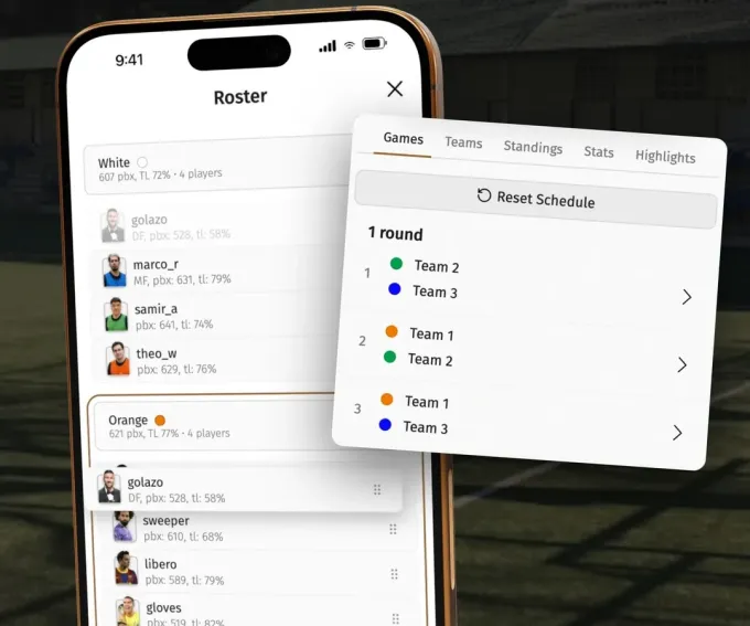 Playbox roster split into balanced teams and a round-by-round match schedule