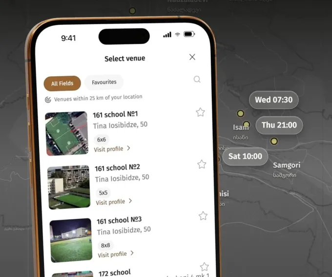 Playbox venue picker with football pitches in Tbilisi and open time slots on the map