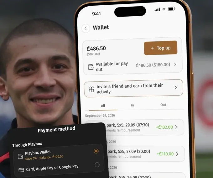 Organizer wallet in Playbox with game payouts and the payment method sheet
