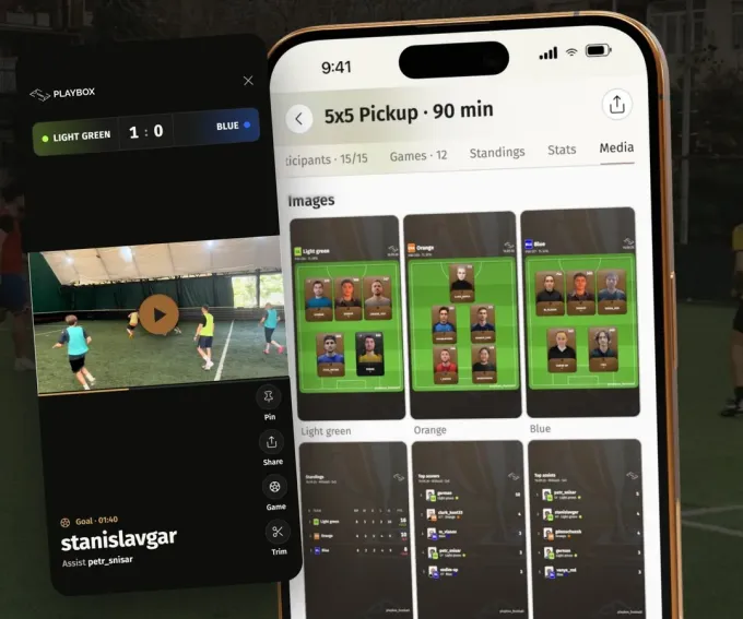 Goal clip and shareable result cards from a Playbox game