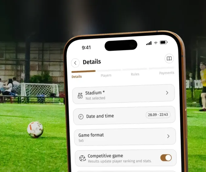 Playbox game setup screen with stadium, date, format and competitive game settings