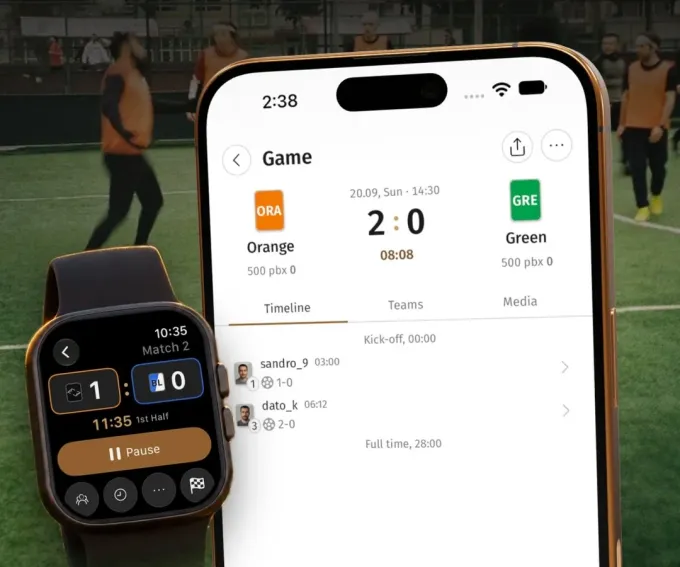 Apple Watch and phone showing a live 2:0 score with goals logged during the match