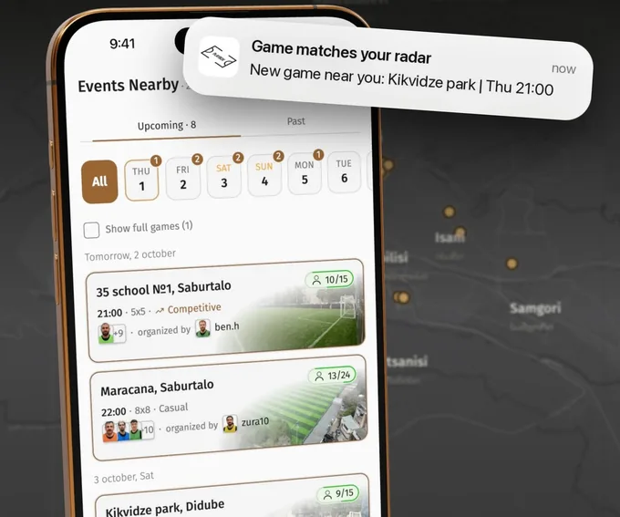 Playbox list of nearby pickup games with pitch, time, format and spots left, and a Game Radar notification about a new game