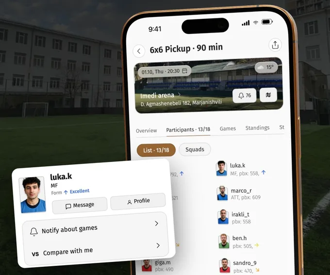 Playbox game lobby with the pitch, kick-off time, weather and participants, and a player mini-profile with Compare with me