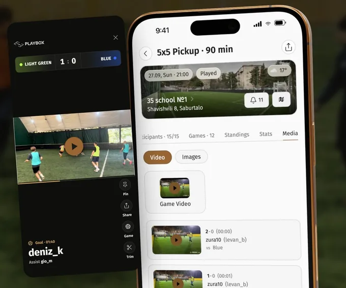 Playbox game Media tab with the full game video and goal clips, next to a goal clip with the scorer and the assist
