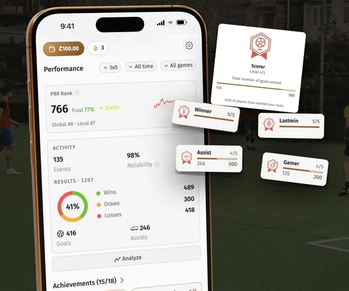 Playbox player profile with PBX rank, games, results, goals and achievements like Scorer, Winner and Assist