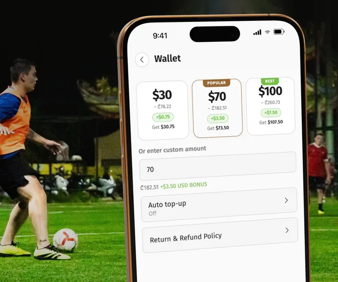 Playbox wallet top-up screen with $30, $70 and $100 packs and the bonus added to each