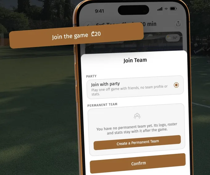 Playbox Join the game button and the join sheet with a one-off party and a permanent team