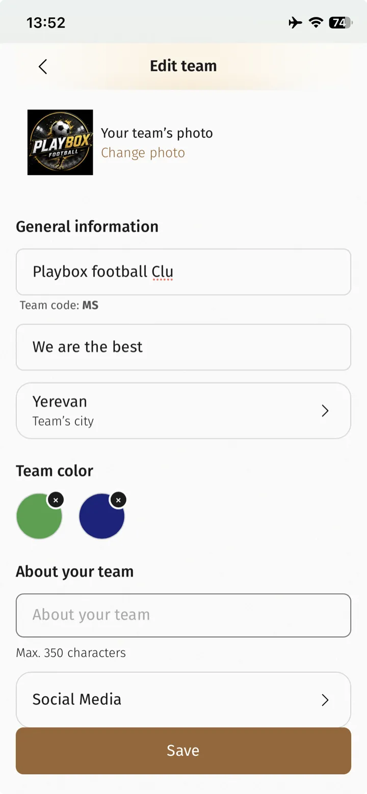 Экран настройки ID команды в приложении Playbox